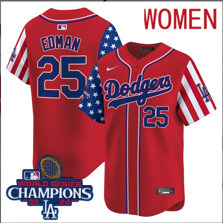 Women  MLB Los Angeles Dodgers #25 Edman American Style red 2024 World Series Champions  Limited Jersey